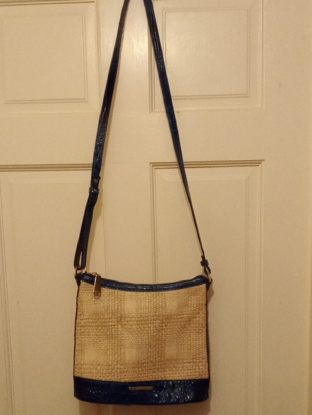 Brahmin Woven Straw Crossbody Bag with Navy Leather Trim